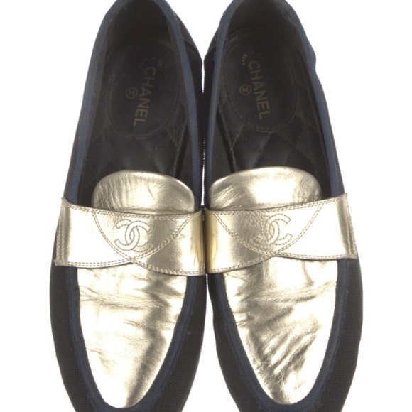 CHANEL Navy and Gold Loafers - Picture 1 of 5
